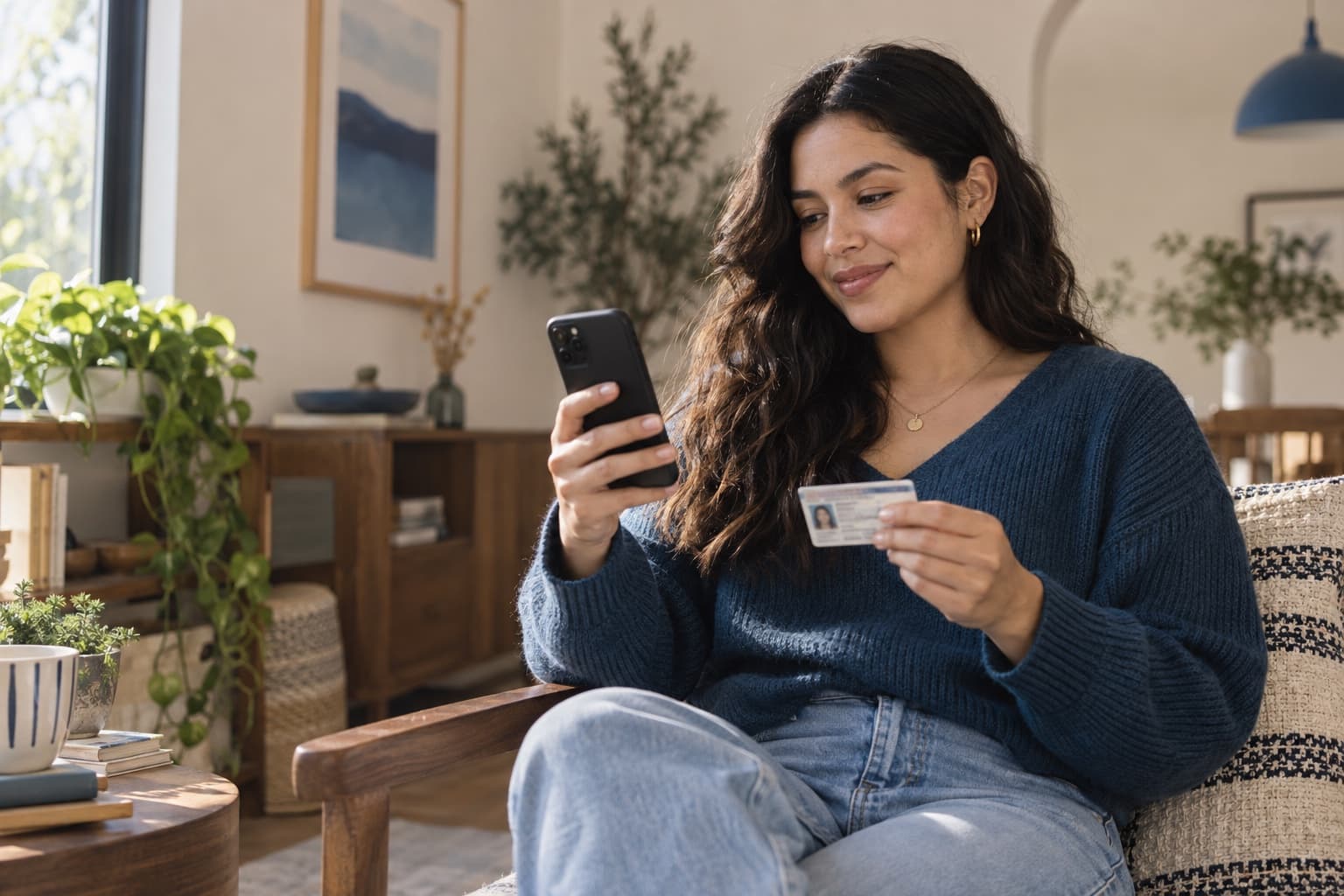 Woman checking her phone and identification at home.
